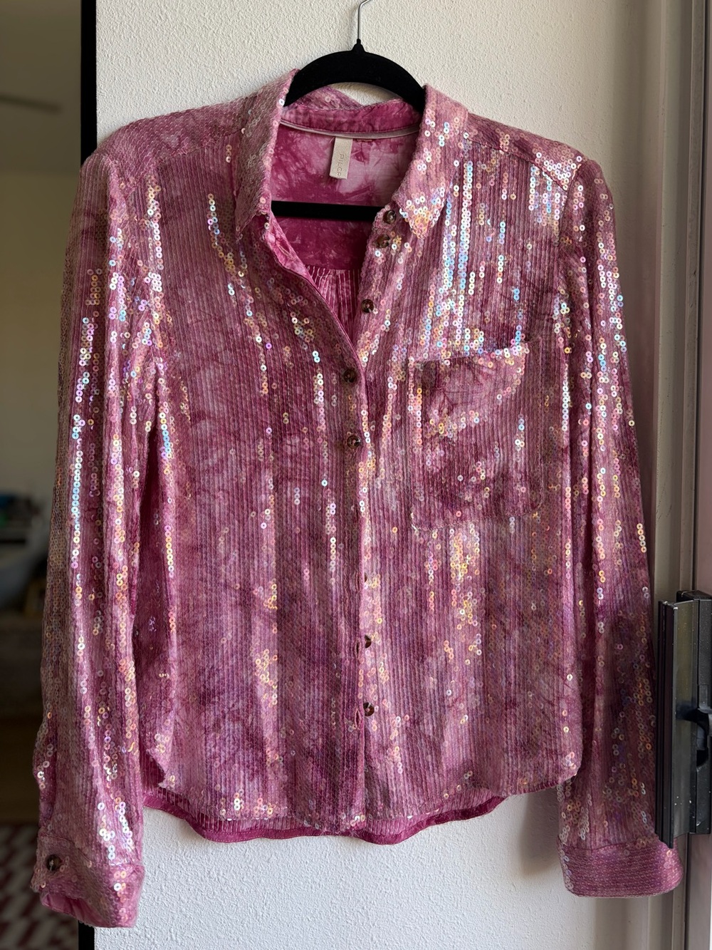 L - Pilcro, Pink Sequin Button-Down Shirt